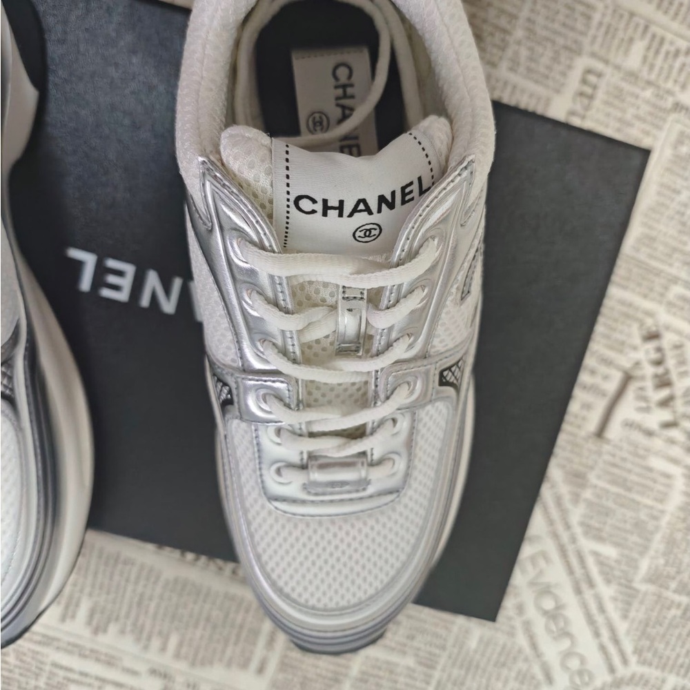 Chanel White and Silver Sneakers - Picture 2 of 8